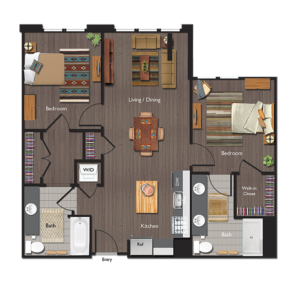 Floor plan for 2 beds, 2 baths, 996 sqft